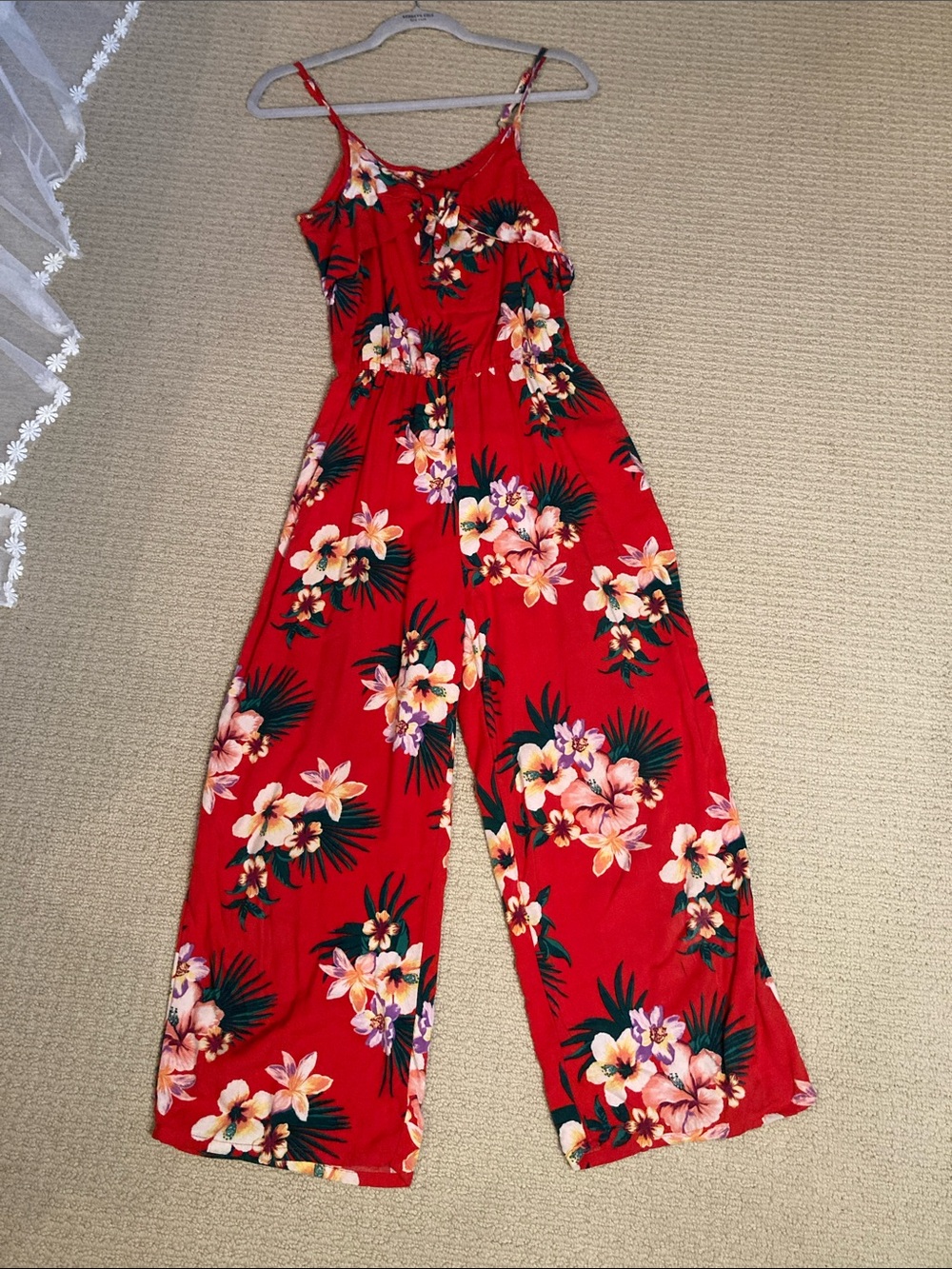 Tropical Red Floral Spaghetti-Strap Jumpsuit